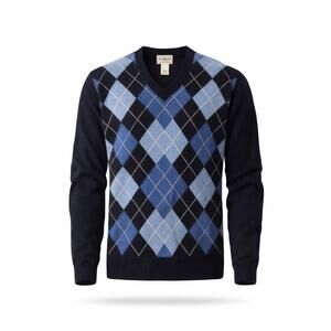 LL Bean Lambswool Argyle V-Neck Sweater Blue Black Men’s Medium